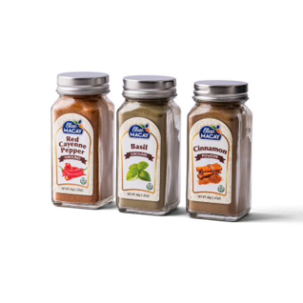 Blue Macay Spice Collection Set, Cinnamon Powder, Basil Powder, Red Cayenne Powder